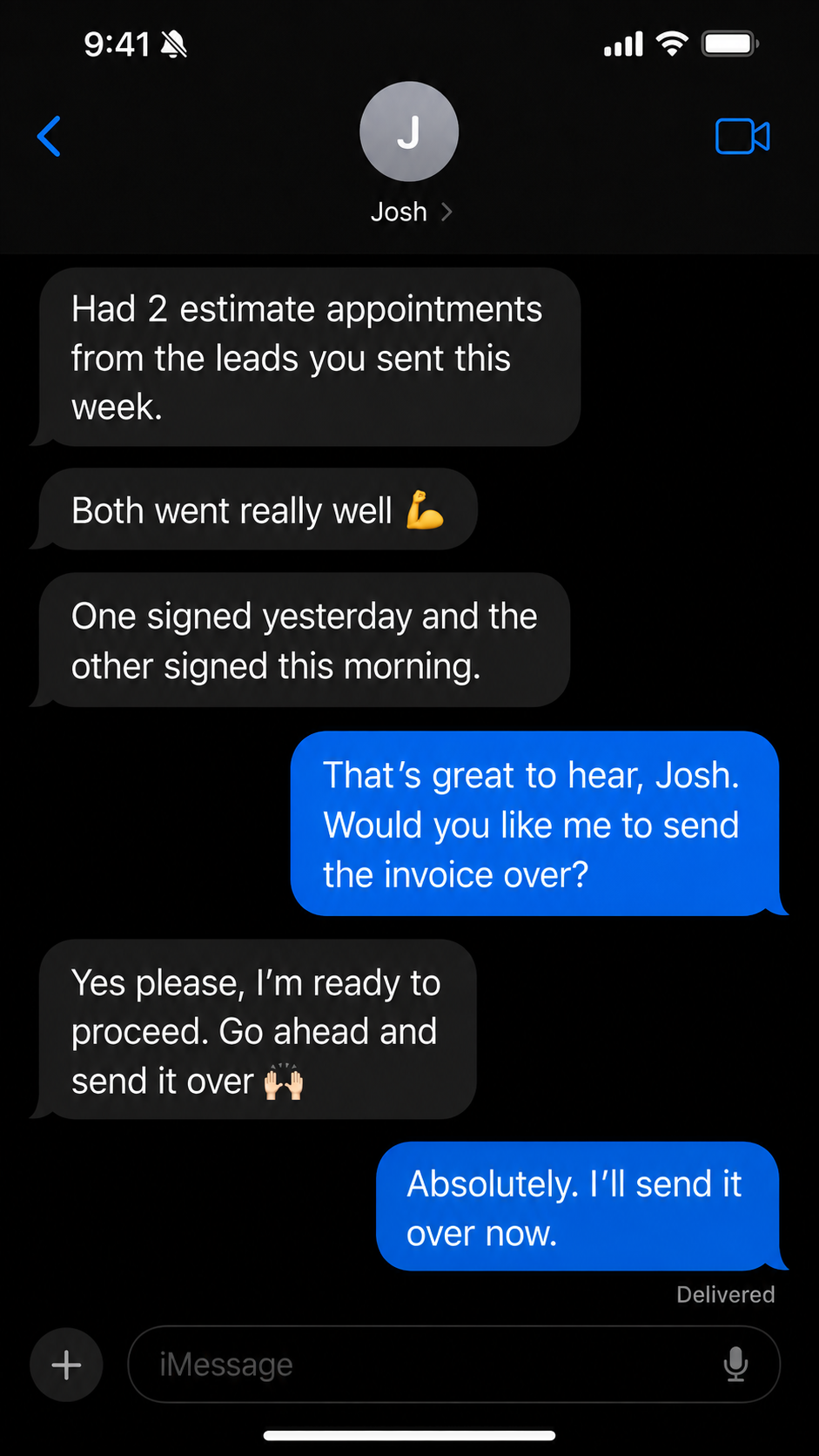 Text message from Josh: two estimate appointments from the leads, both signed